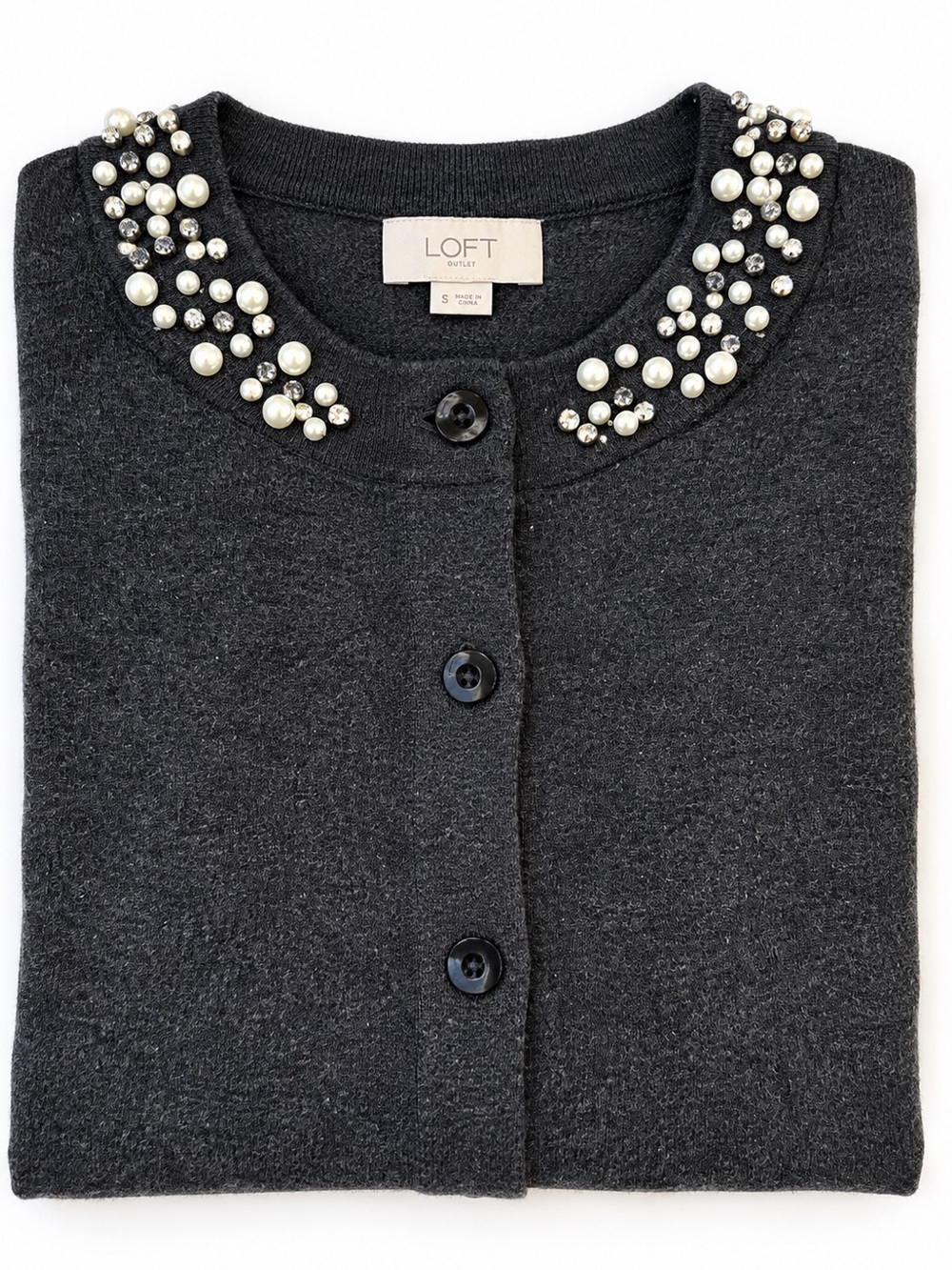 LOFT Pearl & Rhinestone Embellished Cardigan - Size Sm - 100% Cotton